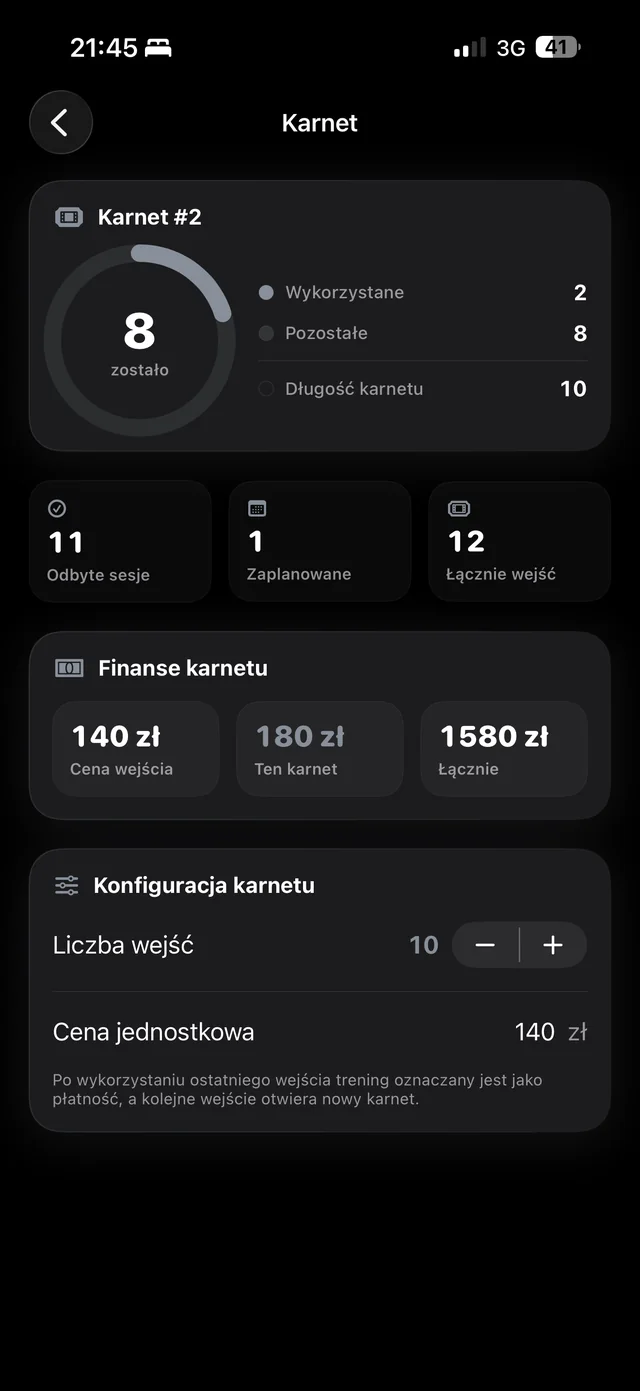Karnet podopiecznego z licznikiem wejść